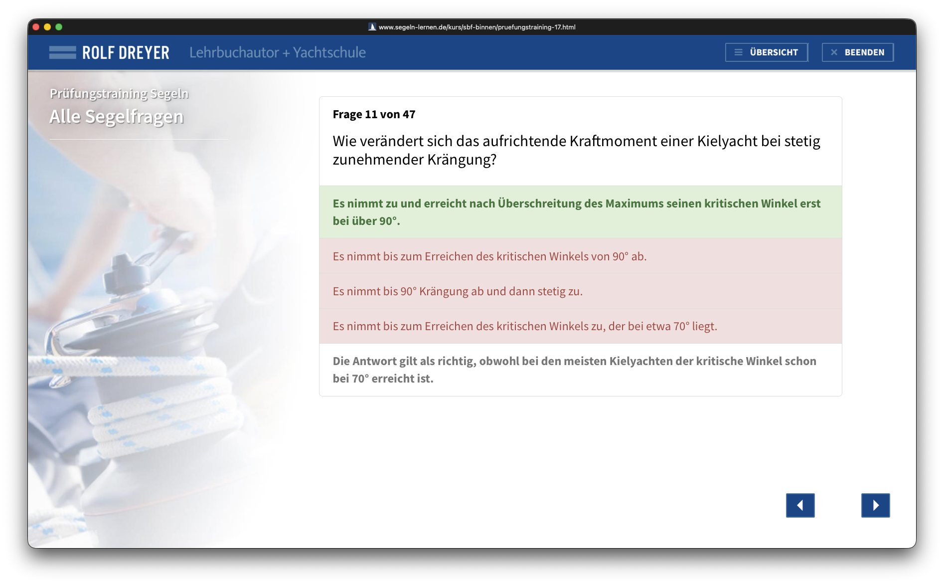 Online-Kurs Prüfungsfragen mit grünen und roten Antworten